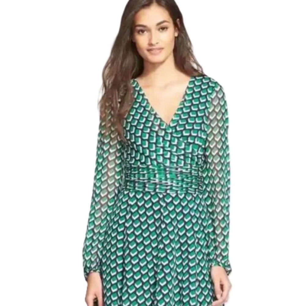 DVF Diane von Furstenberg Ashlynn Cube Print Silk Dress Green Navy 4